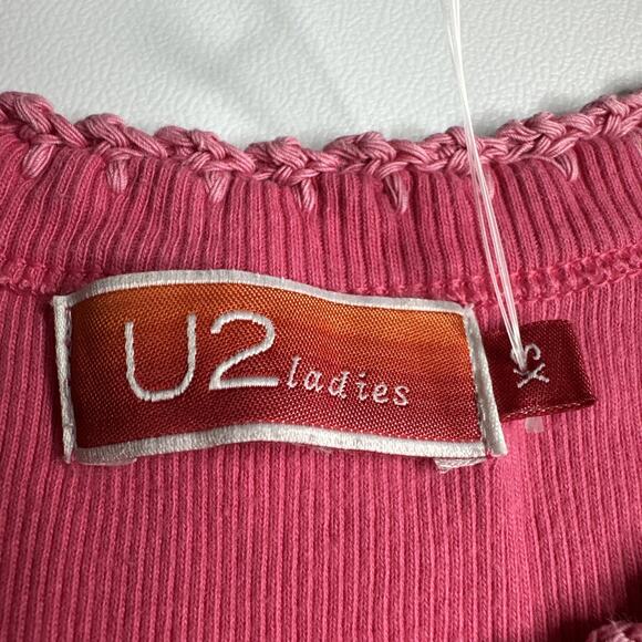 U2 Ladies Y2k Pink Ribbed Tank Embroidered Trim Coquette Baby Tee Dollcore XS - Picture 7 of 10